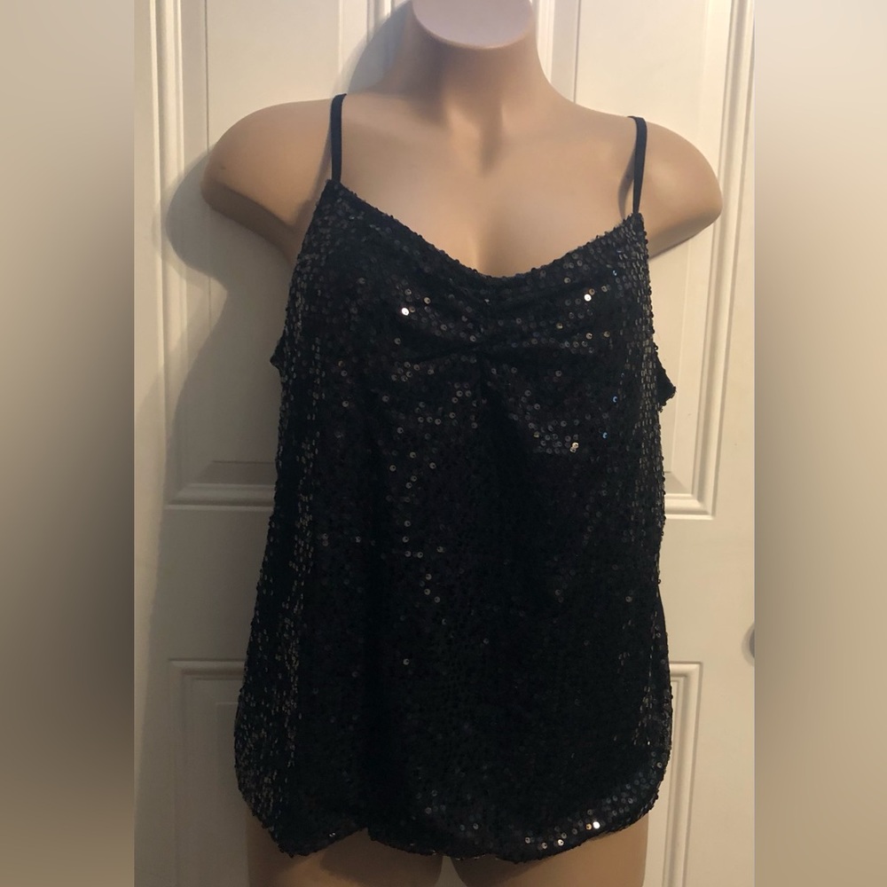 Lane Bryant Black Sequin Cami Tank Spaghetti Adjustable Straps Ruched Bust